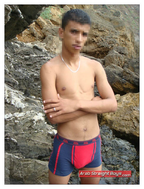 Cute soft-skin Arabic teenboy in swimsuits at the beach, with penis line and bulge